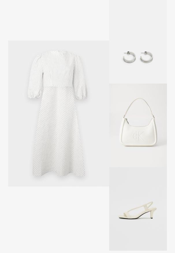 Weißes Kleid mit vertikalen und diagonalen schwarzen Streifen, rundem Ausschnitt und kurzen puffartigen Ärmeln, aus einem leichten, glatten Stoff.; Beige Blockabsatzsandalen mit dünnen Riemen und quadrater Spitze. Glattes Material mit minimalem Design, entworfen für einfaches Tragen.; Weiße Lederhandtasche mit abgerundeter Form, ausgestattet mit einem geprägten "CK"-Logo auf der Vorderseite und einem Einzel-Schultergurt. Reißverschluss oben.; Silberne Creolen mit einer glatten Oberfläche und einer Reihe kleiner klarer Steine entlang der unteren Kante, mit einer Steckverschluss.