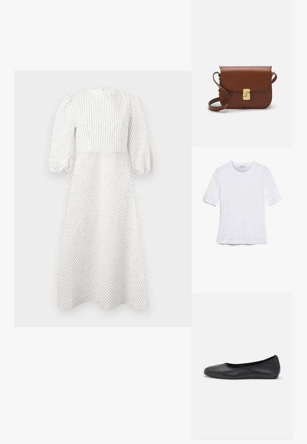 Rochie albă cu dungi negre verticale și diagonale, decolteu rotund și mâneci scurte cu volane, realizată dintr-un material ușor și neted.; Tricou alb cu mânecă scurtă, confectionat dintr-un material texturat. Gât rotund, tăietură regulară și detalii subtile de cusătură. Fără modele sau grafice.; Balerini din piele neagră, cu vârf rotund, textură netedă, detalii de cusătură minimale și un design al tălpii flexibil.; Geantă de piele maro cu închidere tip capac, accesorii de culoare aurie, curea de umăr și o textură netedă. Formă compactă și rectangulară.