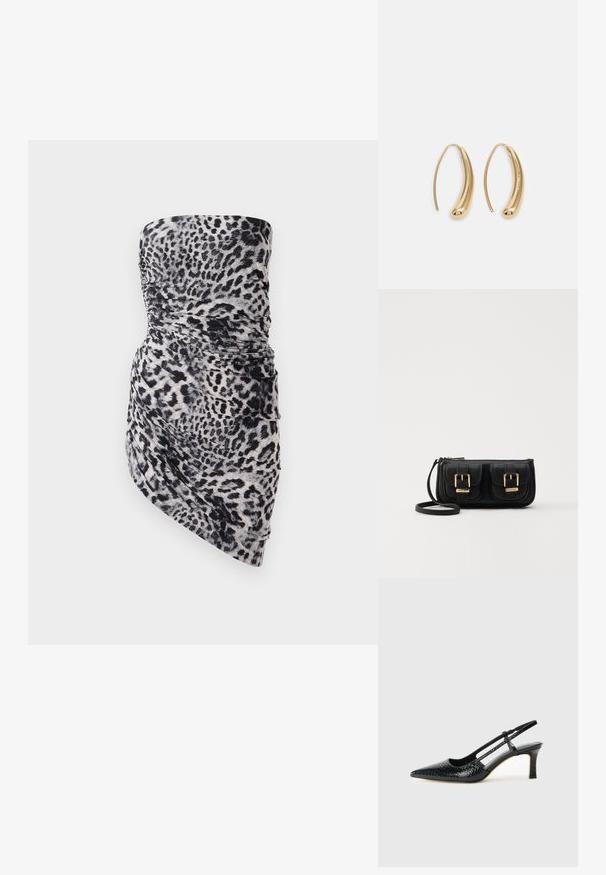 Vestido mini justo sem alças em estampado animal preto e branco. Apresenta franzidos ao longo do lado para textura e uma silhueta elegante.; Salto slingback em patente preta com bico apontado, apresentando um padrão de pele de cobra texturizado, tira ajustável e um salto bloco curto e texturizado.; Bolsa de ombro em couro preto com dois bolsos frontais, fivelas douradas, fecho de zíper e uma alça fina. Superfície texturizada e forma retangular compacta.; Brincos em metal dourado com forma de arco alongado e curvado. Apresentam uma superfície lisa e brilhante, com uma ponta arredondada para um detalhe adicional.