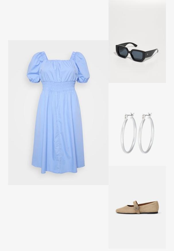 Gaiši zils kleita ar kvadrātu formā izgriezumu, pūkainām piedurknēm un izšūtu jostasvietu. Audums ir gluds ar plūstošu svārku dizainu.; Bežā zelta zamšādas Mary Jane kurpes ar asu purngalu un vienu regulējamu siksniņu ar sudraba sprādzi. Melna plakana zole.; Melnas lielas saulesbrilles ar ģeometrisku dizainu, taisnstūrveida lēcas un spīdīgu apdari. Uz priekša nav redzama zīmola.; Sudraba riņķveida auss gredzeni ar gludu, pulētu apdari. Apaļa forma un drošs klikšķa augšējais slēgums. Viegls dizains, kas piemērots ikdienas valkāšanai.