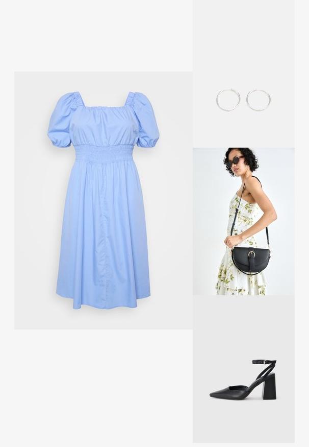 Gaiši zils kleita ar kvadrātu formā izgriezumu, pūkainām piedurknēm un izšūtu jostasvietu. Audums ir gluds ar plūstošu svārku dizainu.; Melna ādas augstpapēžu kurpe ar norakstīto purngala formu, potītes siksniņu un masīlu papēdi. Gluda tekstūra, elegants dizains un minimālisma estētika.; Melnas ādas rokassoma ar izliekta formu, noņemamu siksnu un zelta aksesuāriem. Somai ir vāciņš ar sprādzes detaļu.; Sudraba riņķa auskari ar elegantu, apaļu dizainu, kas izceļas ar gludu virsmu un bez redzamām rotājumām. Diametrs netiek norādīts.