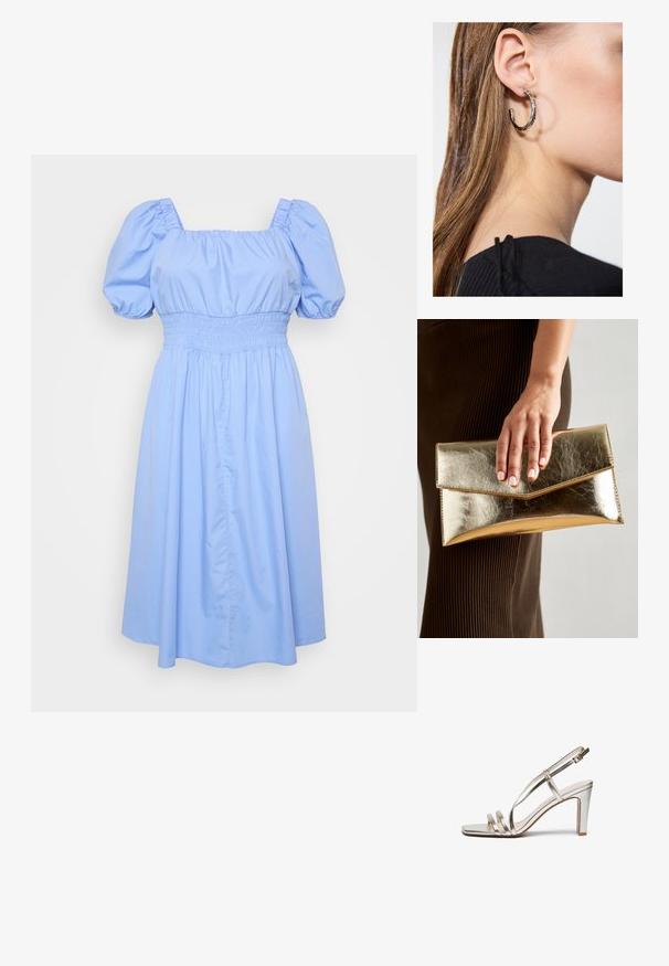 Helebluu kleit ruudu lõikega dekolteega, puhvotsade ja elastse taljega. Kangas on sile ja seeliku kujundus voolav.; Metallilise hõbedase värvi kõrge kontsaga sandaal avatud varbaga, millel on jalas kolm õhukest rihma ja pahkluuring koos kinnitusega.; Kuldne metallist käekott, millel on sile tekstuur ja kolmnurkne klapp. Kotti hoidev käsi on hoolikalt maniküüritud küüntega.; Hõbedane rõngas kõrvarõngas poleeritud viimistlusega, millel on väikesed kuldsed aktsendid ja ümmargune kuju, kantud lobus.