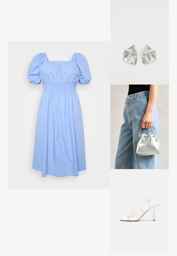 Hellblaues Kleid mit quadratischem Ausschnitt, Puffärmeln und einem gerafften Taillenbereich. Der Stoff ist glatt und das Rockdesign fließt.; Weiße, geschnallte High-Heel-Sandalen mit flacher Zehenbasis, strukturiertem Vorderteil mit gerafften Akzenten und schlankem Knöchelriemen.; Metallisch silberne Bucket Bag mit strukturiertem Finish, verziert mit einem silbernen runden Griff und Kordelzugverschluss, gehalten vor hellblauen Jeans.; Silberne Metallohrringe mit einem wellenförmigen, skulpturalen Design, das eine polierte Oberfläche und unregelmäßige Formen aufweist, die eine zeitgenössische Ästhetik betonen.