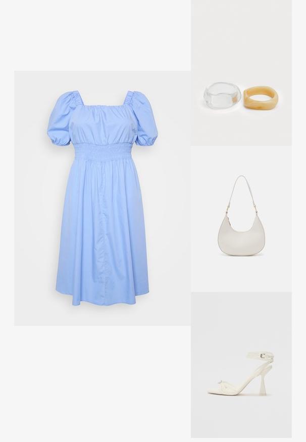 Light blue dress with a square neckline, puff sleeves, and a smocked waist. The fabric is smooth with a flowing skirt design.; Strappy high-heeled sandal in white leather with a sleek design, a transparent block heel, and a decorative element at the toe.; Cream leather shoulder bag with a crescent shape, thin strap, and subtle stitching detail. Minimalist design with gold-tone hardware accents.; Clear and amber resin rings, one smooth and transparent, the other with a textured, amber finish. Both feature rounded, chunky designs.
