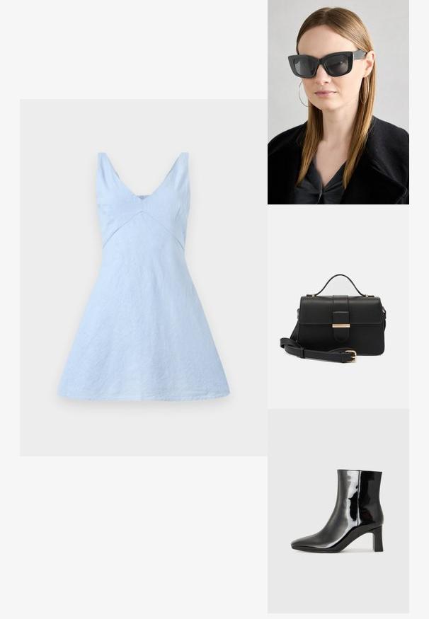 Vestido de linho azul claro com decote em V, corpo justo e saia godê. Possui uma textura subtil e linhas limpas. Sem hardware visível ou padrões.; Botim de tornozelo em pele sintética preta com bico apontado e salto bloco de altura média. Textura suave e design minimalista.; Óculos de sol pretos em formato de gato com lentes escuras, armações grossas e acentos subtis. Usados com um casaco preto e uma blusa cinza, apresentando cabelo longo e liso.; Bolsa de mão em couro preto com detalhes em metal dourado, formato retangular, fecho de aba, alça de ombro ajustável, textura lisa, design minimalista.