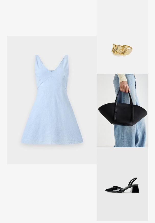 Gaiši zila lina kleita ar V-veida kakla izgriezumu, pieguļošu augšdaļu un izvērstu svārku. Iezīmē smalku tekstūru un tīras līnijas. Nav redzamu elementu vai rakstu.; Melna lakota āda ar atvērto papēdi, ar smailu purngalu un ģeometrisku blokpapēdi. Iezīmējas elegants, minimāls dizains un gluda tekstūra.; Melnas ādas rokassoma ar unikālu ventilatora formu, aprīkota ar plakaniem rokturiem. Virsma ir ar graudainu faktūru un minimālistisku dizainu.; Zelta gredzens ar teksturētu, viļņotu dizainu, kas rotāts ar trim izteiktām virsotnēm. Gluda, spīdīga virsma ar atvērtu joslu, lai to varētu pielāgot.