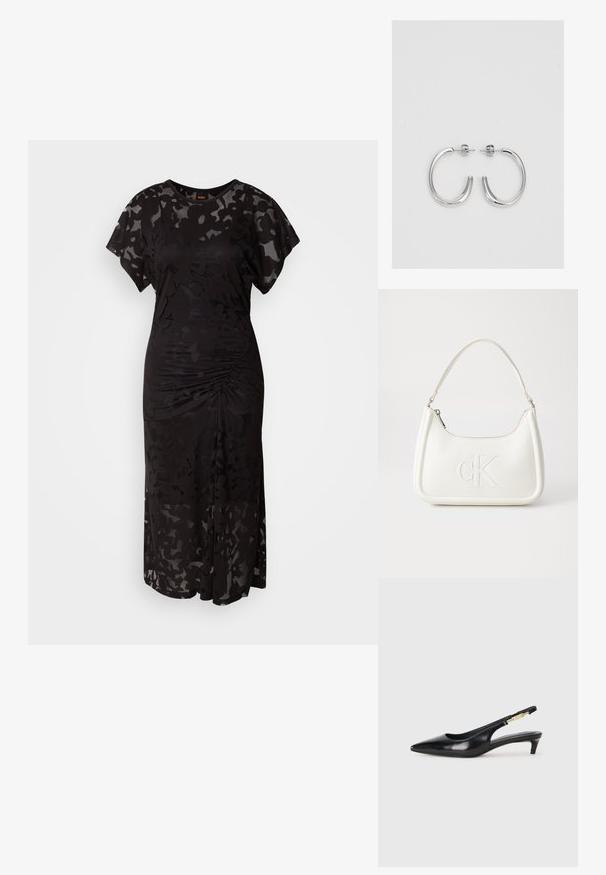 Fekete, félig átlátszó anyagból készült ruha virágmintával. Rövid, fodros ujjak, kerek nyakkivágás és redők a deréknál jellemzik.; Fekete bőr slingback magassarkúk, hegyes orral, vékony sarkakkal és arany színű részlettel a állítható pánton. Simа felület.; Fehér bőrtáska ívelt formájú, elöl feltűnő "CK" logóval, egyetlen vállpánttal. Cipzáras zárás a tetején.; Ezüst karika fülbevalók sima, fényes felülettel. Lekerekített forma, könnyű kialakítással, tűs zárómechanizmussal.