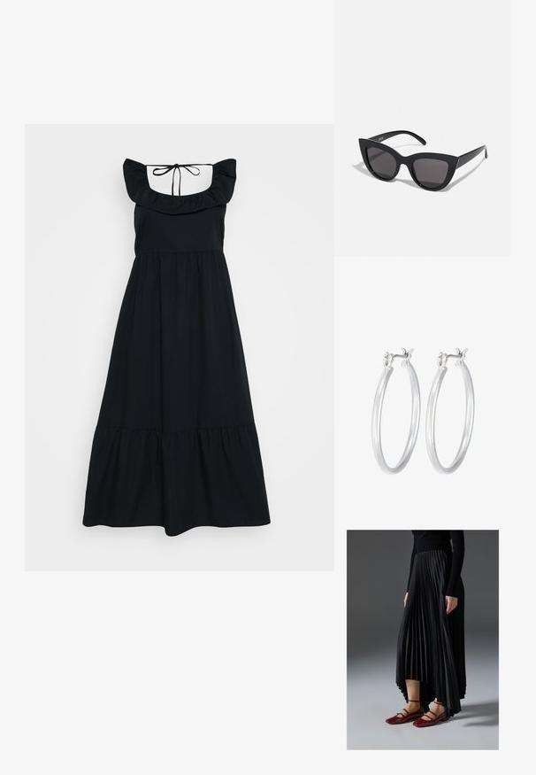 Čierne šaty vyrobené z mäkkej tkaniny, s volánovými ramienkami, priliehajúcim živôtikom a sukňou s vrstveným dizajnom. Nastaviteľná šnúrka na zadnej strane krku.; Čierna plisovaná sukňa s vysokým a nízkym lemom, skombinovaná s lesklými červenými balerínami s dizajnom remienkov. Tkanina má hladkú textúru.; Čierne slnečné okuliare v štýle mačacích očí s matným povrchom, so šedými tónovanými sklami, ostrými hranami a elegantnými bokovými ramenami. Názov značky je viditeľný na vnútornom ramene.; Strieborné kruhové náušnice s hladkým, lesklým povrchom. Kolový tvar a bezpečné klikanie na uzatváranie. Ľahký dizajn vhodný na každodenné nosenie.