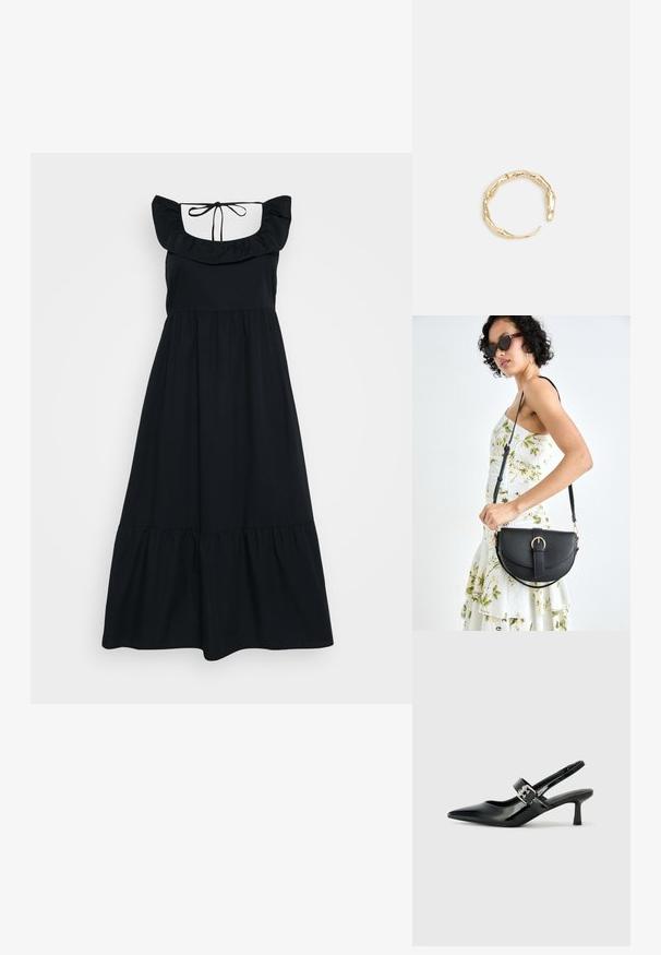 Czarna sukienka wykonana z miękkiego materiału, z falbanistymi ramiączkami, dopasowaną górą i warstwowym projektem spódnicy. Regulowane zapięcie na szyi z tyłu.; Czarne lakierowane szpilki slingback z wąskim noskiem i małym słupkiem, z ozdobnym srebrnym klamrą na pasku.; Czarna skórzana torebka o zakrzywionym kształcie, z odpinanym paskiem i złotymi akcentami. Torebka posiada klapę z zapięciem w kształcie klamry.; Pierścionek w odcieniu złota z organicznym, skręconym wzorem, o gładkiej fakturze i zwężających się końcach, tworzący nowoczesny, rzeźbiarski wygląd.
