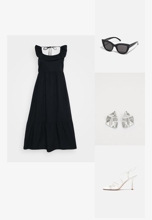 Vestido preto feito de tecido macio, com alças franzidas, corpete justo e um design de saia em camadas. Laço ajustável na parte de trás do pescoço.; Sandália de salto alto branca com tiras, base plana nos dedos, frente texturizada com detalhes franzidos e uma tira fina para o tornozelo.; Óculos de sol cat-eye pretos com acabamento mate, apresentando lentes cinzentas, ângulos acentuados e hastes elegantes. Nome da marca visível na parte interna da haste.; Brincos de metal prateado com um design ondulante e escultural, apresentando um acabamento polido e formas irregulares, destacando uma estética contemporânea.