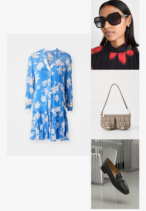 Mėlyna gėlėta suknelė, pagaminta iš lengvos medžiagos, su ilgomis rankovėmis, mygtukų priekyje ir daugiapakopėmis volanėlėmis su baltais gėlių raštais.; Juodi odiniai loaferiai su auksiniu akcentu, apvaliu pirštu ir lygiu paviršiumi, pakabinti virš atspindinčio paviršiaus su metaliniais lentynomis.; Juodos didelės saulės akinius su geometriniu rėmu, tamsiai tonuotais lęšiais ir auksinės spalvos akcentų detalėmis, dėvimi su gėlių rašto, aukštu apykaklės viršumi.; Šviesiai ruda tekstūruota rankinė su reguliuojama petneša, dviem priekiniais kišenėmis, užsegamomis sagtimis, ir auksiniais aksesuarais. Uždarymas užtrauktuku viršuje.