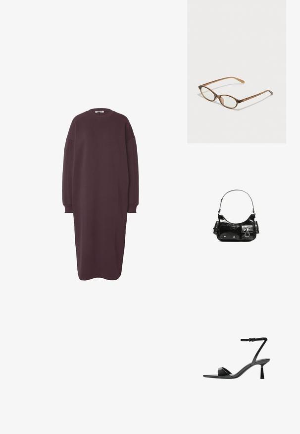 Overgroot lang sleeve jurk in diep bordeaux, gemaakt van zachte stof, heeft een ronde hals en ribgebreide manchetten voor een ontspannen pasvorm.; Bershka Sandalen met hoge hak - black; Bruine schildpadbril met ovale lenzen, dunne armen en transparante accenten. Heeft een subtiele logo op de tempel. Strak, lichtgewicht ontwerp.; Zwarte laarzen in lakleer met een gebogen vorm, één schouderband, voorvakken en accenten in zilverkleurig metaal.