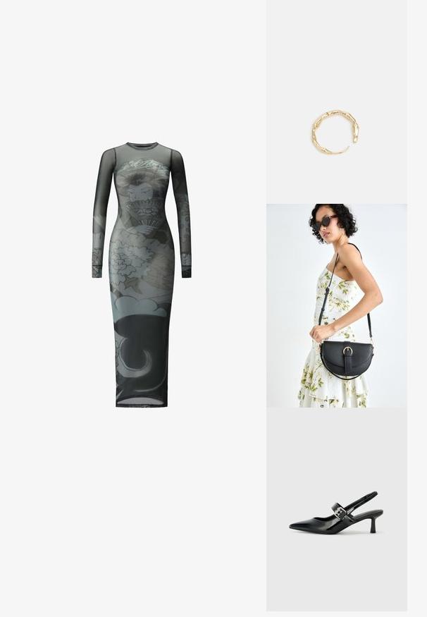 Langsleeve jurk in doorschijnende zwarte stof met een grafisch bloemen- en figuurontwerp, enkel-lang met een getailleerd silhouet en een ronde halslijn.; Zwarte gepatineerde leren slingback hakken met een puntige neus en een kleine blokhak, met een zilveren gespaccent op de band.; Zwarte leren handtas met een gebogen vorm, afneembare schouderband en gouden hardware. De tas heeft een klep met een gespsluiting.; Goudkleurige ring met een organisch, gedraaid ontwerp, een gladde textuur en taps toelopende uiteinden, waardoor een moderne, sculpturale uitstraling ontstaat.