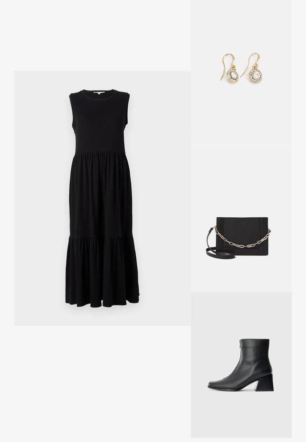Musta ilmanhiha maxi-mekko, joka on valmistettu pehmeästä kankaasta. Mekossa on istuva yläosa, kerätty vyötärö ja kerroksellinen röyhelöhelma alaosassa.; Mustat nahka nilkkurit, joissa on nelikulmainen kärki, sivuvetoketju ja lohkarekorko, taustalla vaalea yksinkertainen tausta.; Musta nahkainen olkalaukku, jossa on sileä pinta, suorakulmainen muoto ja metalliketju yksityiskohtana edessä. Mukana säädettävä hihna.; Kultaiset korvakorut, joissa on soikeat, läpinäkyvät kivet, joita ympäröivät pienemmät läpinäkyvät kivet. Korvakoruissa on koukkuminen, joka takaa turvallisen käytön.