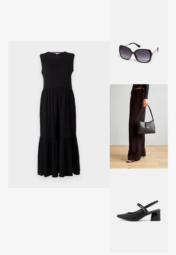 Czarna, bezrękawna sukienka maxi wykonana z miękkiego materiału, z dopasowanym gorsetem, marszczonym w pasie i warstwowym dołem w falbanki.; Czarne lakierowane czółenka na słupku ze spiczastym noskiem, lekko zaokrąglonym wycięciem i obcasem w kształcie bloku. Posiadają złotą klamrę jako akcent dekoracyjny.; Czarne oversize okulary przeciwsłoneczne z gradientowymi soczewkami, grubymi oprawkami i złotym łańcuszkiem na ramionach.; Czarna torebka o usztywnionym kształcie, gładkiej fakturze i metalowym zapięciem. Połączona z szerokimi czarnymi spodniami i sandałami na otwartym palcu na drewnianej podłodze.
