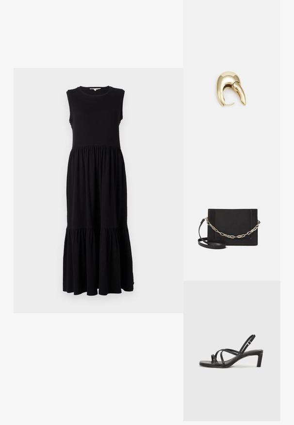 Musta ilmanhiha maxi-mekko, joka on valmistettu pehmeästä kankaasta. Mekossa on istuva yläosa, kerätty vyötärö ja kerroksellinen röyhelöhelma alaosassa.; Mustat hihnalligat, joissa on neliön muotoinen kärki ja matala lohkokorko. Ominaisuuksiin kuuluu useita ohuita hihnoja ja säädettävä nilkkahihna. Valmistettu sileästä nahasta.; Musta nahkainen olkalaukku, jossa on sileä pinta, suorakulmainen muoto ja metalliketju yksityiskohtana edessä. Mukana säädettävä hihna.; Kultahipuinen korvakoru, jossa on sulavalinjainen, kaareva muotoilu. Ominaisuuksiin kuuluu erottuva terävä muoto, kiillotettu pinta ja sarana kiinnitys.