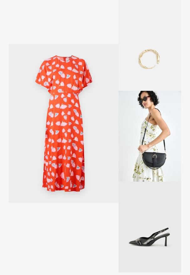 Vestido rojo con mangas cortas, que presenta un patrón floral en rosa y teal. El diseño incluye un escote redondo y una silueta de corte relajado.; Zapato de charol negro tipo slingback con punta afilada, correas al tobillo con hebillas y herrajes de plata, y un tacón delgado.; Bolso de piel negra con forma curva, correa desmontable y herrajes dorados. El bolso cuenta con una solapa con un detalle de hebilla.; Anillo en tono dorado con un diseño orgánico y retorcido, con una textura suave y extremos cónicos, creando una apariencia moderna y escultórica.
