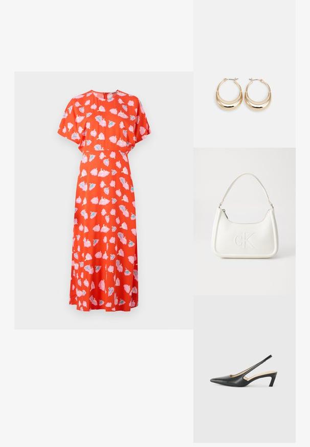 Červené šaty s krátkým rukávem, zdobené květinovým vzorem v růžové a tyrkysové barvě. Design zahrnuje kulatý výstřih a volný střih.; Černý špičatý slingback s nízkým podpatkem, vyrobený z hladké kůže, s výřezem na boku pro lepší prodyšnost.; Bílá kožená kabelka s křivkovým tvarem, na přední straně s vyraženým logem "CK" a jediným ramenním popruhem. Zipový uzávěr na vrchu.; Náušnice ve tvaru kroužku zlaté barvy s půlměsícovým tvarem, lesklým povrchem a závěrečným uzávěrem. Hladká textura a reflexní povrch zvyšují viditelnost.