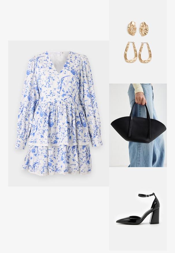 Vestido floral, branco com padrões azuis, decote em V, mangas longas volumosas, camadas em cascata com acabamento em renda na parte inferior, tecido leve.; Sapato de salto alto de couro patente preto com bico pontiagudo, tira ao tornozelo e salto largo para estabilidade, apresentando uma textura lisa e brilhante.; Bolsa de mão em couro preto com uma forma única em leque, apresentando alças planas. A superfície tem uma textura pebble e um design minimalista.; Brincos em tom de ouro com formas onduladas e texturizadas. Inclui studs escultóricos com presilha e um design de argola aberta com um acabamento martelado.