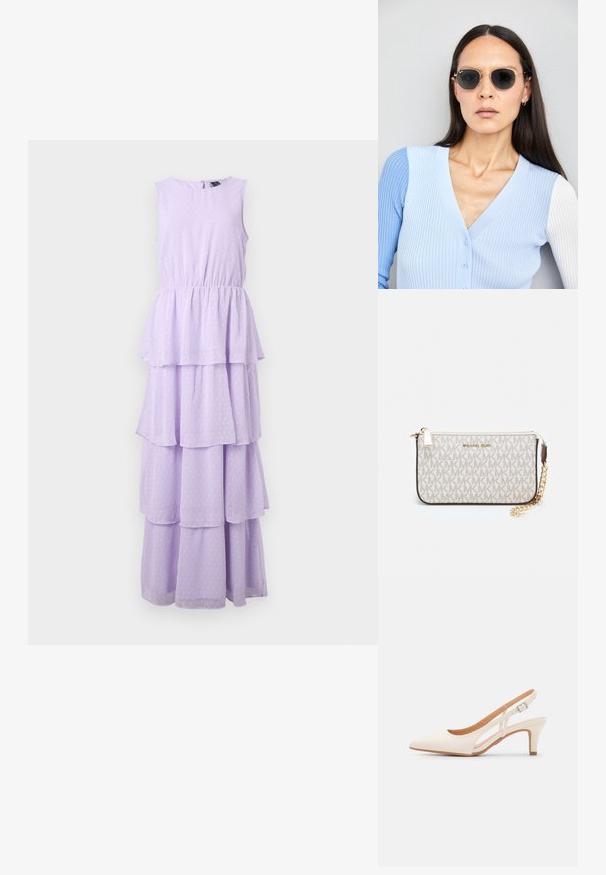 Lavender sleeveless dress with a tiered design, featuring a polka dot pattern, elastic waist, and a keyhole back closure.; White slingback heel with a pointed toe, smooth upper material, low block heel, and side cut-out design with adjustable buckle strap.; Round sunglasses with dark lenses and gold frames. The model wears a light blue, ribbed cardigan with buttons and contrast white sleeves.; Michael Kors wristlet in beige coated canvas featuring a repeating MK logo pattern, gold hardware, and a detachable chain strap.
