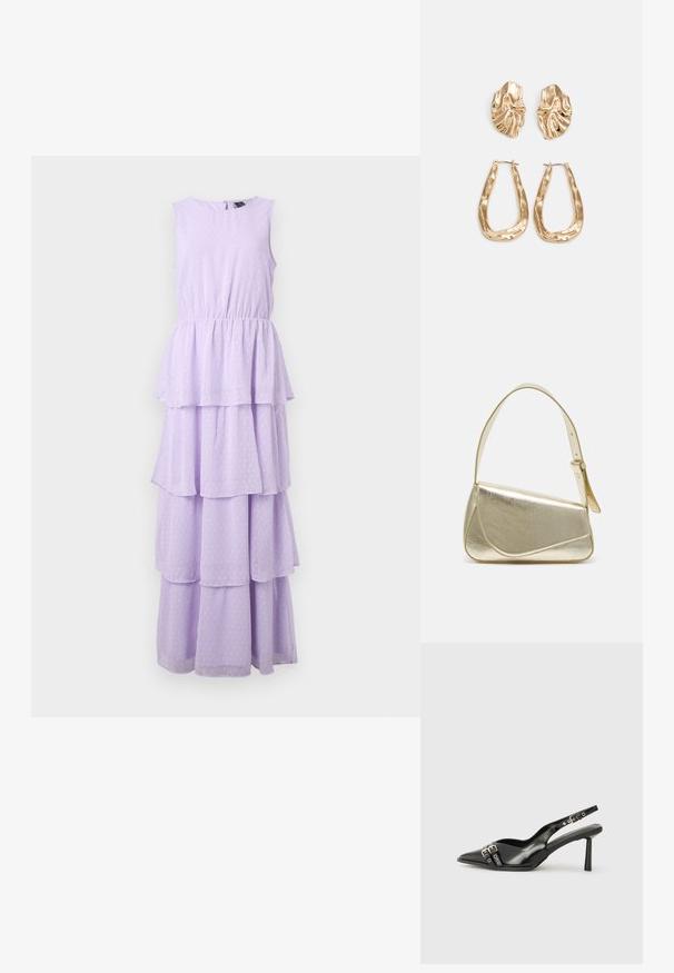 Robe sans manches lavande avec un design à volants, présentant un motif à pois, une taille élastique et une fermeture au dos en trou de serrure.; Chaussure slingback en cuir verni noir avec un embout pointu, des brides de cheville avec des boucles en argent et des éléments en métal, et un talon fin.; Sac à main en métal doré avec un design structuré, texture lisse et bandoulière ajustable. Présente une forme triangulaire unique et des coutures minimalistes.; Boucles d'oreilles dorées présentant des formes texturées et ondulées. Comprend des clips sculpturaux et un design de créoles ouvertes avec une finition martelée.