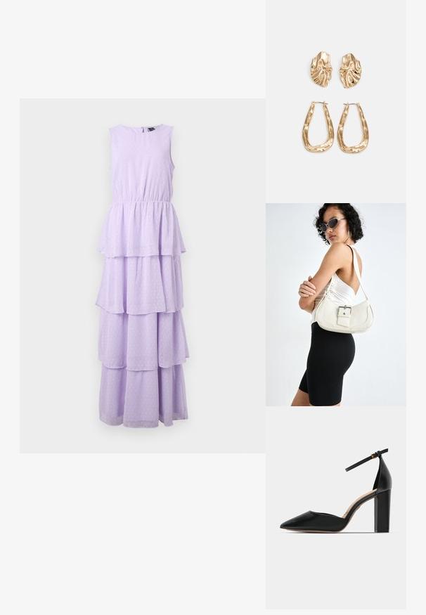 Lavendelkleurige mouwloze jurk met een gelaagd ontwerp, voorzien van een stippenpatroon, elastische taille en een sleutelgat sluiting aan de achterkant.; Zwarte leren hoge hak schoenen met een enkelbandje, spitse neus en een vierkante chunky hak. Gladde textuur met een minimalistisch ontwerp.; Witte leren handtas met een gebogen vorm, verstelbare schouderriem en een klein gesp detail. Model draagt een strakke zwarte outfit.; Gouden oorbellen met een getextureerd, golvend ontwerp. Bevat sculpturale clip-on studs en een open ringontwerp met een gehamerd oppervlak.
