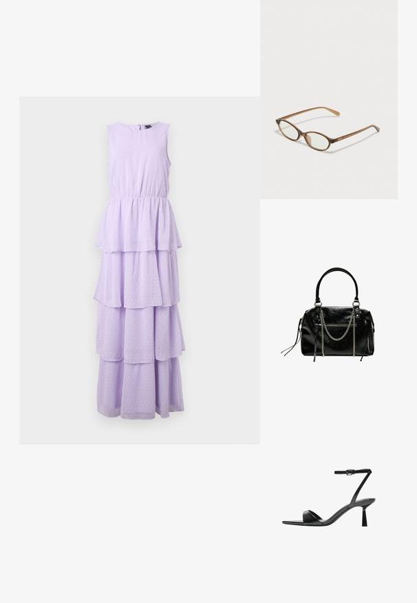 Levendula színű, ujjatlan ruha, réteges kialakítással, pöttyös mintával, elasztikus derékkal és kulcslyuk hátkivágással.; Bershka Magas sarkú szandálok - black; Barna teknős páncélmintás szemüveg, ovális lencsékkel, vékony szárakkal és átlátszó részletekkel. A templomon diszkrét logó található. Elegáns, könnyű dizájn.; Bershka WITH CHAIN - Kézitáska - black