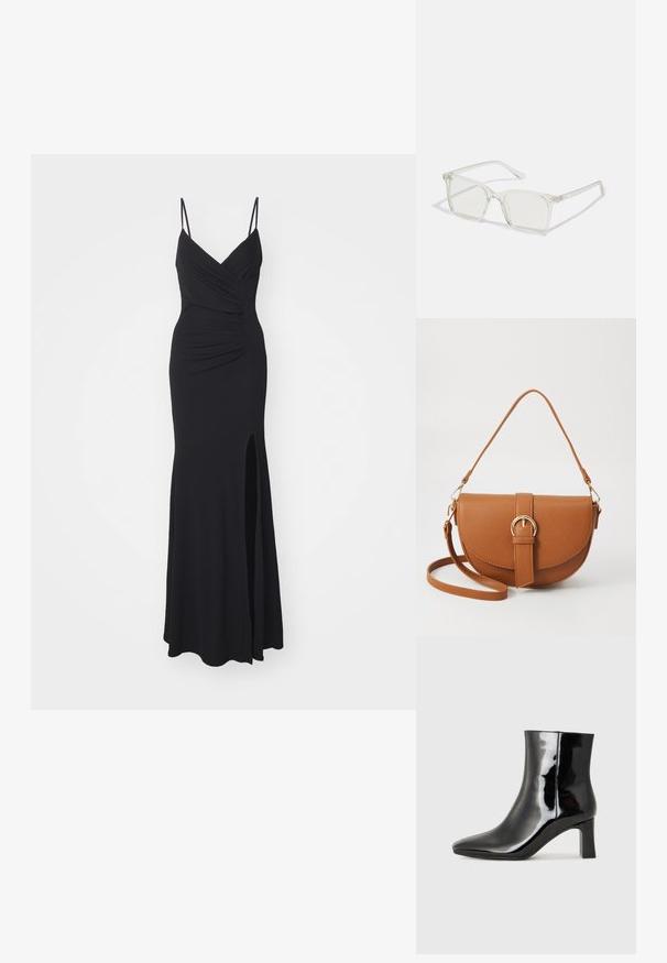 Vestido de noite preto com alças finas e ajustáveis, decote em V, franzido no corpete e uma fenda alta na coxa de um lado. Feito de tecido elástico.; Botim de tornozelo em pele sintética preta com bico apontado e salto bloco de altura média. Textura suave e design minimalista.; Óculos quadrados de plástico transparente com lentes translúcidas, apresentando detalhes em dourado nas hastes.; Bolsa transversal de couro castanho com um formato curvado, ferragens douradas e um detalhe de fivela. Inclui uma alça de ombro destacável.