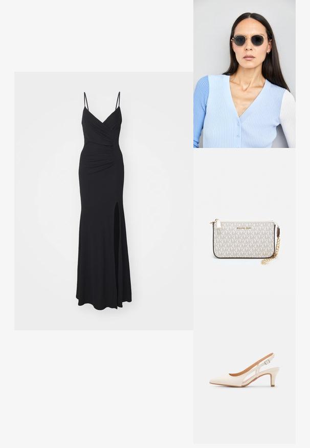 Juoda vakarinė suknelė su siaurais, reguliuojamais petnešomis, V formos iškirpte, raukšlėmis ant liemens ir aukštai iškarpytomis klešnėmis vienoje pusėje. Pagaminta iš tamprus audinys.; Balti slingback kulniukai su smailiu pirštu, lygia viršutine medžiaga, žemu blokuotu kulnu ir šoniniu išpjovimu su reguliuojamu sagtimi.; Apskriti saulės akiniai su tamsiais objektyvais ir auksiniais rėmeliais. Modelis vilki šviesiai mėlyną, raukinį kardiganą su mygtukais ir kontrastingomis baltomis rankovėmis.; Michael Kors rankinė smėlio spalvos dengto kanvoje su pakartotiniu MK logotipo raštu, auksinėmis detalėmis ir nuimamu grandininiu dirželiu.