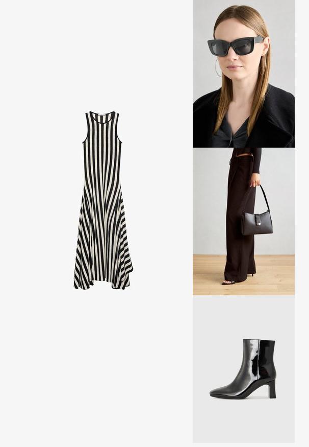 Abito senza maniche a righe bianche e nere con scollatura rotonda, orlo svasato e tessuto leggero, caratterizzato da righe verticali su tutta la superficie.; Stivaletto in pelle verniciata nera con punta a punta e tacco a blocco di altezza media. Texture liscia e design minimalista.; Occhiali da sole a forma di occhio di gatto neri con lenti scure, montatura spessa e dettagli sottili. Indossati con un cappotto nero e una maglia grigia, con capelli lunghi e lisci.; Borsa nera con forma strutturata, texture liscia e una chiusura metallica. Abbinata a pantaloni neri larghi e sandali open-toe su un pavimento in legno.