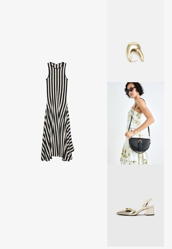 Schwarz-weiße gestreifte ärmellose Kleid mit rundem Halsausschnitt, schwingendem Saum und leichtem Stoff, der durchgängig vertikale Streifen zeigt.; Goldene, metallische Slingback-Absätze mit spitzem Zeh und dicker Ferse. Glatte Textur, minimalistisches Design und ein schmaler Riemen.; Schwarze Lederhandtasche mit geschwungener Form, abnehmbarem Tragegurt und goldenen Beschlägen. Die Tasche verfügt über einen Deckel mit einer Schnallen-Details.; Ohrringe aus goldfarbenem Metall mit einem schlanken, geschwungenen Design. Sie verfügen über eine markante, spitze Form, eine polierte Oberfläche und einen Scharnierverschluss.