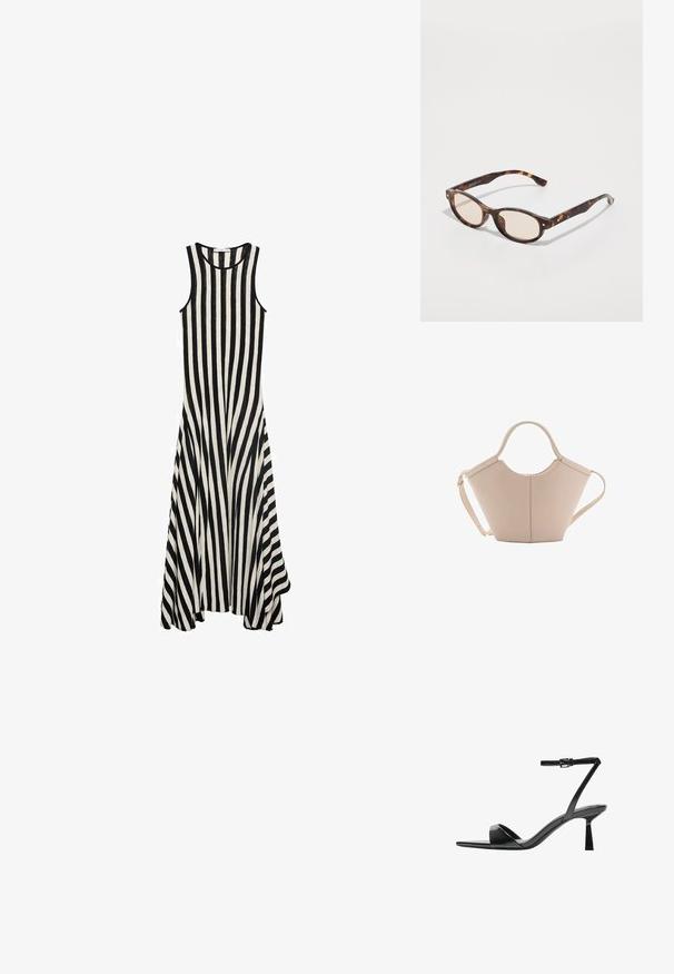 Abito senza maniche a righe bianche e nere con scollatura rotonda, orlo svasato e tessuto leggero, caratterizzato da righe verticali su tutta la superficie.; Bershka Sandali con tacco - black; Occhiali da sole tartarugati con forma arrotondata e lenti chiare. Presentano aste robuste con piccoli dettagli dorati, realizzati in materiale plastico.; Borsa in pelle beige con una forma unica, caratterizzata da due manici corti e una lunga tracolla regolabile. Texture liscia con hardware minimale.