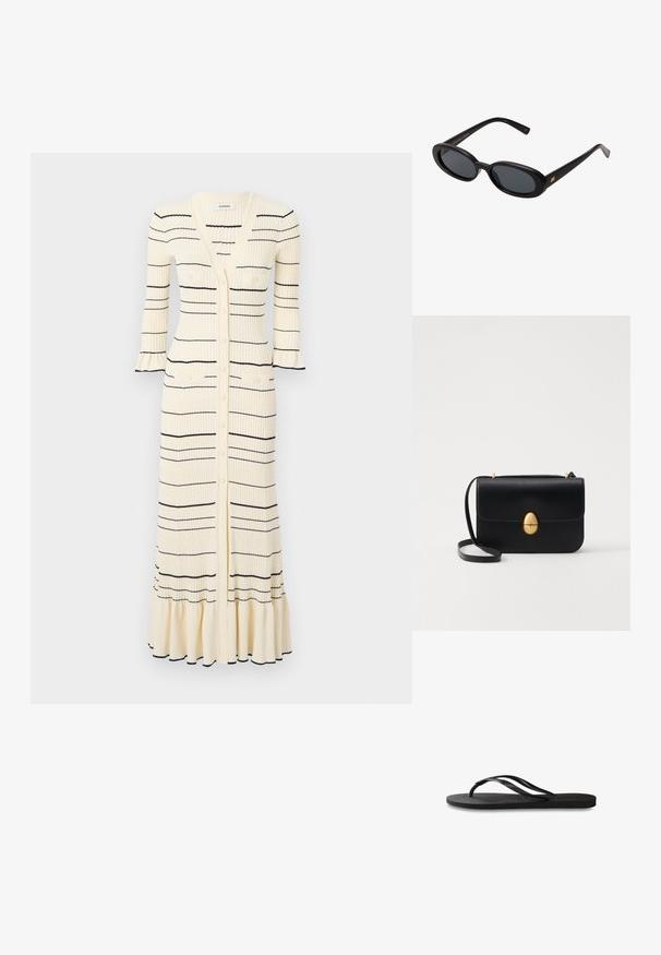 sandro ROBE FRILL POIGNET RAYURES - Jurk - ecru; Zwarte flip-flop met een gestructureerde rubberen zool, twee slanke banden en een subtiele, ingedrukte logo-detail op de band.; Zwarte oversized zonnebril met ovale lenzen, een glad plastic montuur en gouden accenten op de pootjes. Donkere lenzen bieden bescherming tegen de zon.; Zwarte leren handtas met een gestructureerde rechthoekige vorm. Voorzien van een gouden ovale sluiting en een dunne schouderband. Glad van textuur.