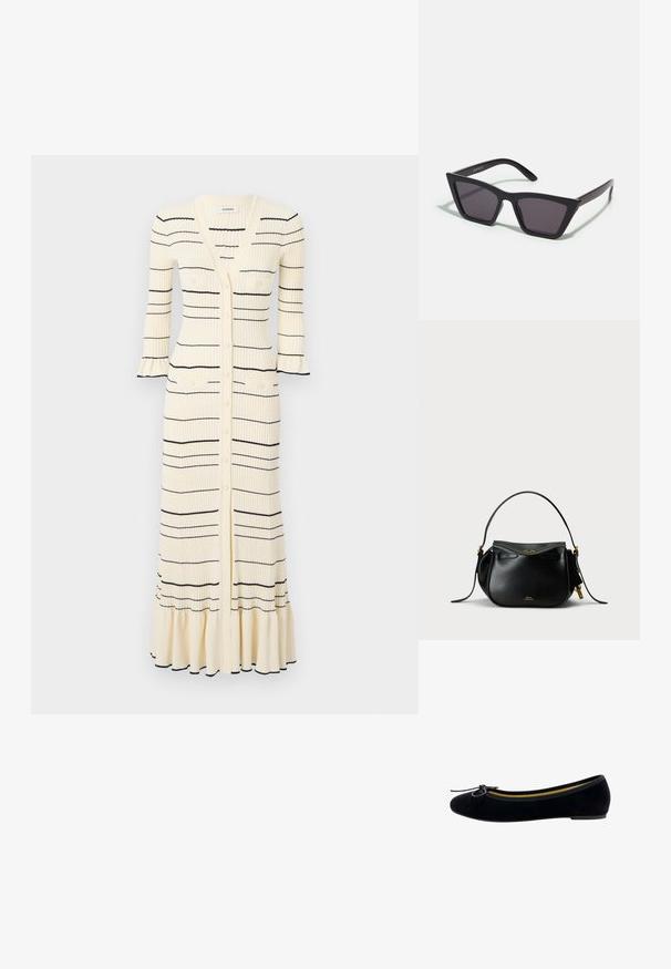 sandro ROBE FRILL POIGNET RAYURES - Freizeitkleid - ecru; Schwarze Samt-Ballerinas mit runder Zehenpartie, einer kleinen Schleifenapplikation auf der Vorderseite und einem kontrastierenden gelben Innenfutter.; Schwarze, eckige Sonnenbrille mit grauen Gläsern; aus Kunststoff gefertigt, mit dicken Bügeln, die eine glatte Oberfläche und keine sichtbaren Beschläge haben.; Schwarze Lederhandtasche in runder Form, mit einem einzelnen oberen Griff und goldenen Hardware-Akzenten. Verfügt über einen Reißverschluss und dezente Markenkennzeichnung.