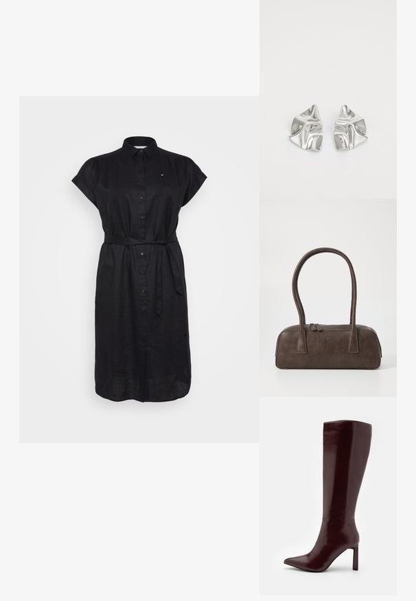 Fekete ingruha rövid ujjakkal, gombos elülső résszel és derékon megkötős övvel. Könnyű anyagból készült, textúrált felülettel.; Even&Odd Csizmák - dark red; Barna bőrtáska, két masszív fogantyúval, téglalap alakú, sima felülettel és cipzáras záródással. Minimalista dizájn, látható minták nélkül.; Ezüst fém fülbevalók hullámos, szobrászati kialakítással, fényes felülettel és szabálytalan formákkal, amelyek a kortárs esztétikát hangsúlyozzák.