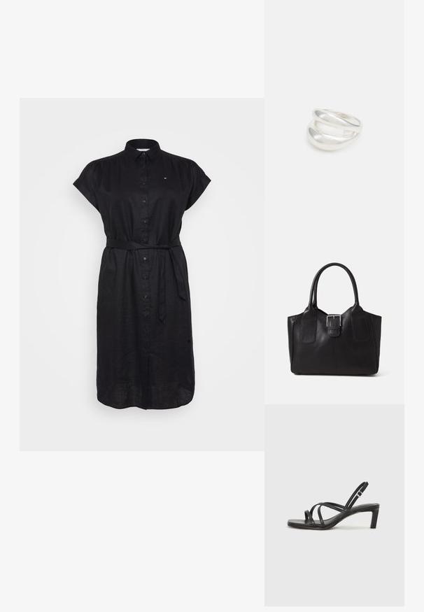 Svart skjortklänning med korta ärmar, knappstängning framtill och självbindande bälte i midjan. Tillverkad av lättviktig tyg med en texturerad yta.; Svart sandaler med remmar och fyrkantig tå samt låg blockklack. Har flera tunna remmar och en justerbar ankelrem. Tillverkad av mjukt läder.; Svart läder tote-väska med slät yta, strukturerad form, två handtag och en framträdande silverfärgad spänne på framsidan.; Silver ring med dubbel band och en slät, polerad yta. Har en flödande, böjd design med överlappande sektioner för en modern stil.