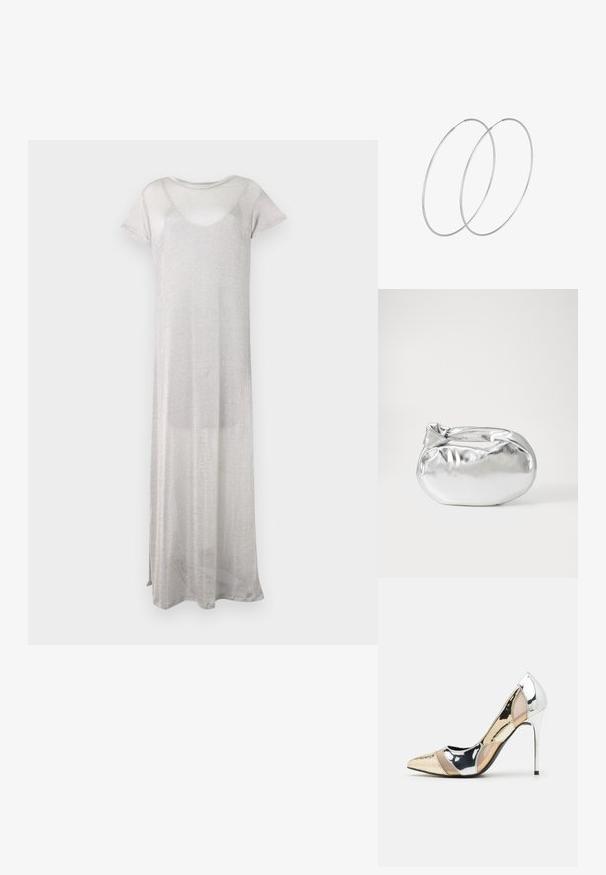 Pikk hõbedane kleit, mis on valmistatud läbi paistvast, kergest kangast. Omab lühikesi varrukaid ja ümardatud dekolteed. Lihtne, voolav disain, ilma mustriteta.; Kitsas toe kõrge kontsaga kingad, millel on hõbedane, kuldne ja nude värvilahendus. Läikiv viimistlus lõikekujundusega, stiletto konts.; Hõbedane metallikoti kott pehme, ümar kuju ja sõlme ülemise sulgemisega. Valmistatud siledast kunstnahast materjalist.; Hõbedased rõngastikkaehingad minimalistlikus disainis. Ümar kuju, sile tekstuur ja õhuke profiil. Kerged ning poleeritud viimistlusega.