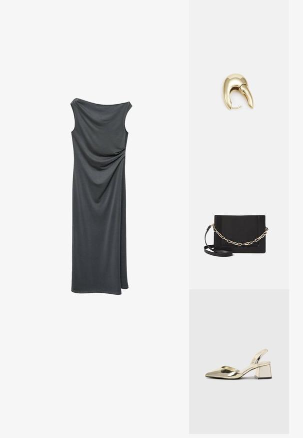 Grå maxiklänning med off-shoulder-halsringning, slät tygtextur och samlad detalj vid midjan för en flödande silhuett.; Guld, metalliska slingback-klackar med spetsig tå och chunky klack. Slät textur, minimalistisk design och en smal rem.; Svart läder crossbody-väska med en slät yta, rektangulär form och metallickedjedetalj på framsidan. Justerbar rem ingår.; Örhänge i guldtonad metall med en elegant, böjd design. Har en distinkt spetsig form, polerad yta och gångjärnslås.