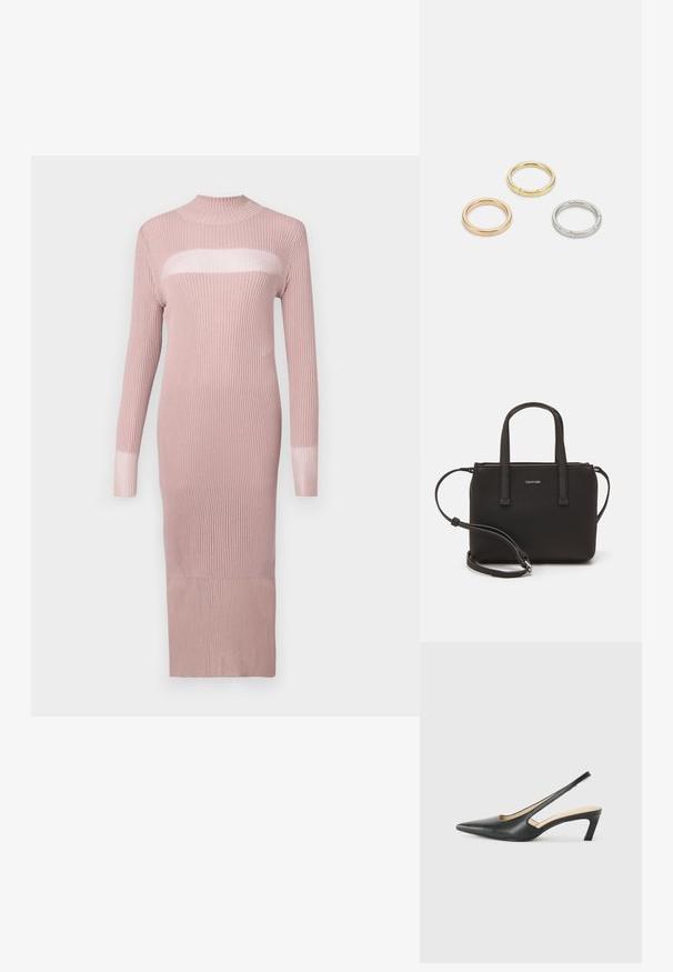 Pikad varrukad, ribavillane kleit pehme roosa värviga, millel on vale kaelus ja läbipaistvam horisontaalne paneel rinna ümber. Keha järgiv siluett.; Must mustaga, terav varvas, madala kontsaga sildiga king, mis on valmistatud siledast nahast ja mille küljel on lõike disain hingavuse tagamiseks.; Musthave mustrans vöö ja eemaldatav õlarihm. Gludike nahk siledaga, millel on tõmblukk ja logo detail.; Kolme metallist rõngast: üks roosa kuld, üks kuld tekstuursete aktsentidega ja üks hõbe, kõik sisepoolt graveeritud brändinguga.