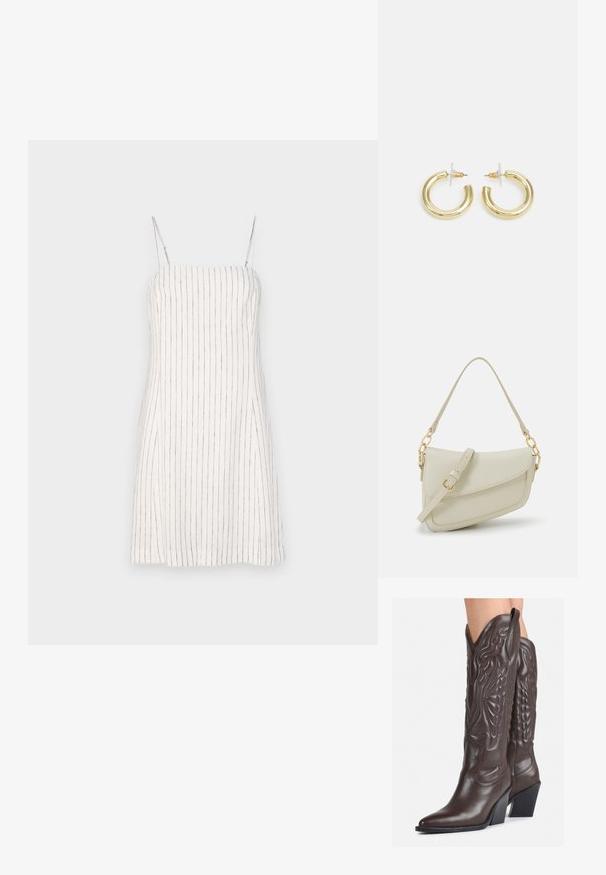 GAP MINI - Päevakleit - new off white; Pruunid nahast cowboy saapad terava varbaga ja plokk-kandaga, millel on detailne tikand ja kergelt tõstetud aktsendid varrel.; Väike kreemjas käekott tekstureeritud viimistlusega, pikendatav rihm, ketiläbimõõt ja klapiga sulgemine. Kuldsed metalldetailid.; Kuldne rõngassõrmused sileda ja läikiva viimistlusega. Ringikujuline disain, millel on väike post ja selge tagumine külg, et tagada kindel kandmine.