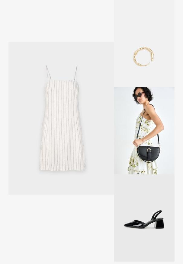 GAP MINI - Kasdienė suknelė - new off white; Juodos lakuotos odinės šlepetės su smailiu pirštu ir geometriniu bloko kulnu. Turi elegantišką, minimalistinį dizainą ir lygų paviršių.; Juodas odinis krepšys su išlenkta forma, nuimamu dirželiu ir auksiniais detalėmis. Krepšys turi kilpą su sagtimi.; Auksinės spalvos žiedas, turintis organišką, sukimosi dizainą su lygiu paviršiumi ir siaurėjančiais galais, sukuriantis modernią skulptūrinę išvaizdą.