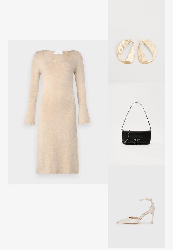 Bežs adīts kleita ar garām izplestām piedurknēm, apaļu kakla izgriezumu un mīkstu tekstūru; krīt tieši virs ceļgaliem ar apstrādātām malām.; Baltas ādas augstpapēžu kurpes ar smailu purngala daļu, potītes siksniņu un šauru stiletto papēdi. Gluda tekstūra ar smalku spīdumu.; Melnas ādas rokassomā ar sudraba ķēdes siksnu, kurai ir dekoratīvi spārnu akcenti un baltā šuvēšana apakšējā šuvē.; Pāris neregulāras ovālas formas zelta toņos metāla auskaru ar teksturētu, nedaudz sitētu virsmu uz baltas fona.