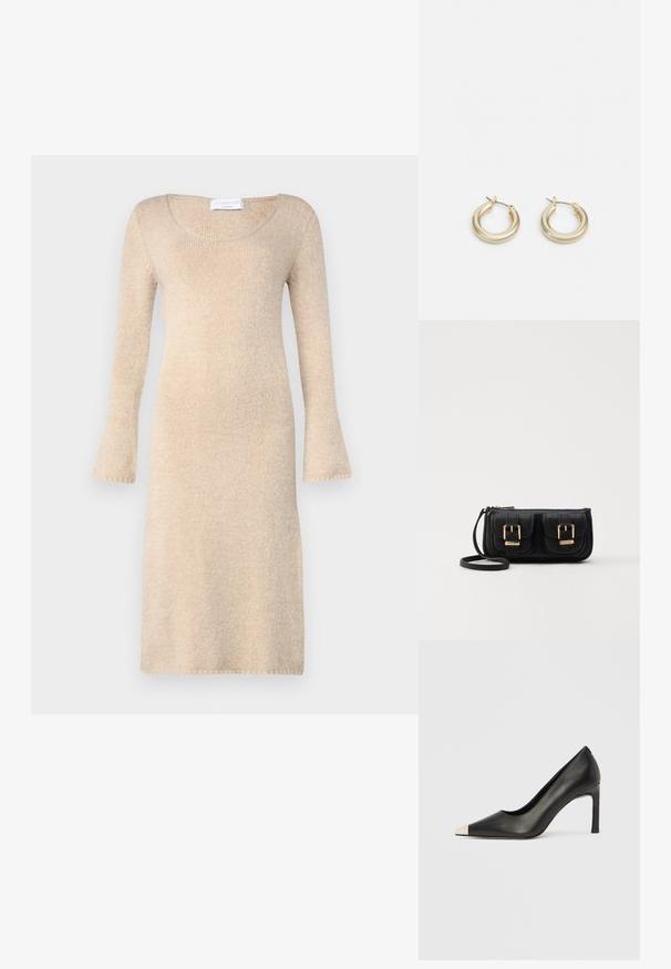 Beige strikket kjole med lange, flagrende ermer, rund halslinning og en myk tekstur; faller rett over kneet med ferdige kanter.; Svart lærsko med høye hæler, spiss tå og metallisk sølvhette. Har en glatt finish og en slank hæl på 10 cm.; Svart skinn crossbody veske med to frontlommer, gyldne spenner, glidelåslukking og en slank stropp. Teksturert overflate og kompakt rektangulær form.; Lauren Ralph Lauren BASIC SMALL HOOP - Øredobber - gold-coloured