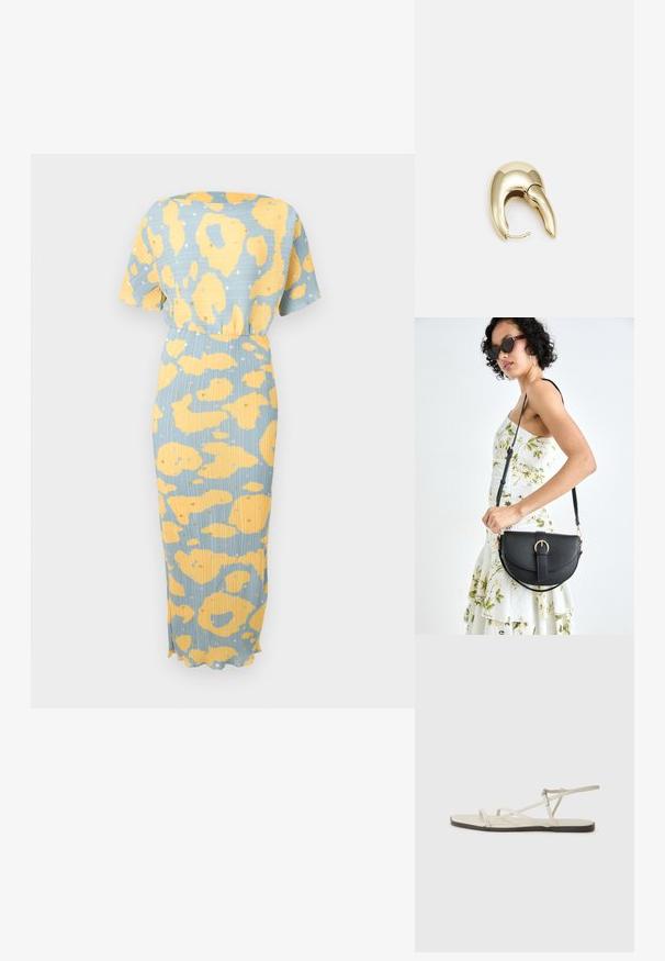 Šaty s leopardím potiskem v modrožluté barvě, krátkými rukávy, zúženým pasem a midi délkou se zvlněným lemem. Texturovaná tkanina.; Béžové ploché sandály s několika štíhlými pásky a nastavitelnou přezkou. Podešev je plochá s mírným tmavým kontrastem na okraji.; Černá kožená kabelka s křivkovým tvarem, odnímatelným popruhem a zlatými detaily. Kabelka má klopu s přezkou.; Náušnice ve zlatém tónu z kovu s elegantním zakřiveným designem. Vyznačují se jedinečným špičatým tvarem, lesklým povrchem a závěsem na kloub.