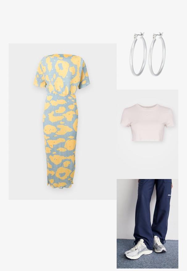 Šaty s leopardím potiskem v modrožluté barvě, krátkými rukávy, zúženým pasem a midi délkou se zvlněným lemem. Texturovaná tkanina.; Zkrácený tričko v světle růžové barvě, vyrobené z jemné tkaniny. Má kulatý výstřih a krátké rukávy se malým bílým logem Nike na hrudi.; Tenisky Nike s vrchní částí ze stříbrné síťoviny, bílými akcenty a texturovanou podrážkou, doplněné o volné námořnické kalhoty.; Stříbrné kruhové náušnice s hladkým, lesklým povrchem. Kulatý tvar a bezpečné zapínání na klip. Lehký design vhodný pro každodenní nošení.