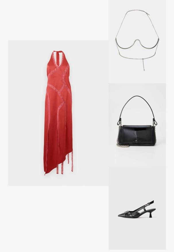 Červené halter šaty s krajkovými detaily a asymetrickým lemem. Obsahují rozparky po stranách a zavázané detaily na spodních okrajích. Hladká textura.; Černé kožené slingback boty s špičatou špičkou, dekorativními pásky s kovovými očky a nízkým blokovým podpatkem. Texturovaný povrch.; Černá lakovaná kožená kabelka obdélníkového tvaru, řetízkový popruh a výrazné kovové zdobení uprostřed. Hladká textura.; Cult Gaia ASHA BODY JEWELRY - Jiné doplňky - bright shiny silver-coloured