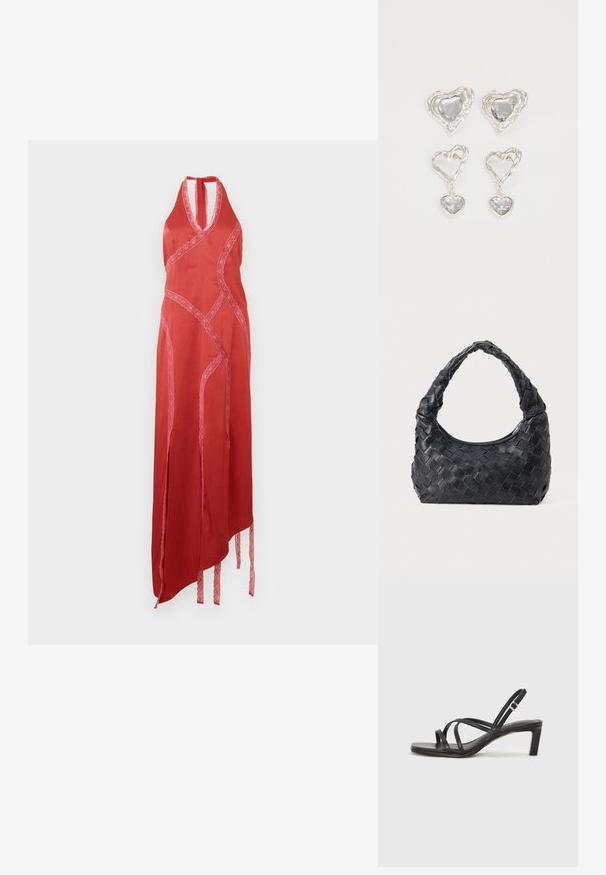 Sarkans halterkleita ar mežģīņu akcentiem un asimetrisku apakšmalu. Iezīmes sānu šķēlumi un sasietas detaļas apakšējās malās. Gluda tekstūra.; Melnas strappy sandales ar kvadrātveida purngaliem un zemu bloku papēdi. Ievērojamas ar vairākiem plāniem siksniņām un regulējamu potītes siksniņu. Izgatavotas no gludas ādas.; Melna ādas austā plecu soma ar noapaļotu rokturi un pusmēness formas ķermeni uz vienota fona.; Sudraba sirds formas auskari ir rotāti ar daudzšķautņainiem caurspīdīgiem akmeņiem un ar teksturētu rāmi. Komplektā iekļauti gan pērlīšu, gan pilienu stili.