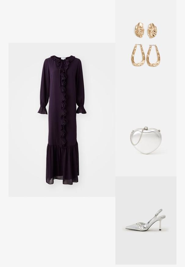 Vestido midi roxo em tecido leve. Apresenta um decote armado com babados e um centro, mangas bufantes e uma bainha rodada com detalhes em babado.; Sapato de salto alto slingback prateado com bico fino, acabamento metálico, duas correias decorativas e um salto esbelto com ponta preta.; Bolsa de mão metálica prateada em forma de coração, com textura lisa, fecho por pressão e corrente prateada.; Brincos em tom de ouro com formas onduladas e texturizadas. Inclui studs escultóricos com presilha e um design de argola aberta com um acabamento martelado.