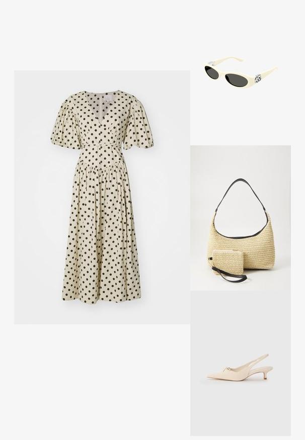 Cinq à Sept POLKA DOT STASSIE DRESS - Kasdienė suknelė - gardenia/black; Punktiniai slingback bateliai iš off-white odos, turintys mažą kaspiną ir žemą kulniuką. Sklandi tekstūra, minimalistinis dizainas.; Kreminės spalvos saulės akiniai su ovaliais objektyvais, juodu tonu ir metaliniais logotipų akcentais ant šventyklų. Lygus paviršius, katės akies dizainas.; Austo pynimo šiaudinio rankinio krepšio su kreiviu siluetu, su glotnia juoda odine rankena ir atitinkamu mažu maišeliu, pritvirtintu prie riešo juostos.