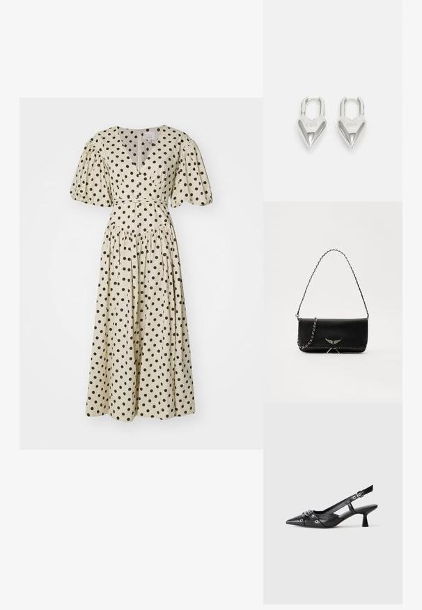 Cinq à Sept POLKA DOT STASSIE DRESS - Nappali ruha - gardenia/black; Fekete bőr slingback cipő hegyes orral, dekoratív pántokkal, fém szemekkel és alacsony blokk sarkú. Texturált felület.; Fekete bőrtáska ezüstlánc pánttal, díszes szárnyakkal és fehér varrással az alsó varrat mentén.; Ezüst szív alakú lakatok, amelyeken vésett "IGEN" és "NEM" feliratok találhatók, polírozott felület, szimmetrikus kialakítás és robusztus fémcsat.
